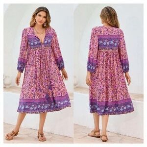 R. VIVIMOS Floral Print Tassel Peasant Boho Flowy Long Sleeve Midi Dress Size M